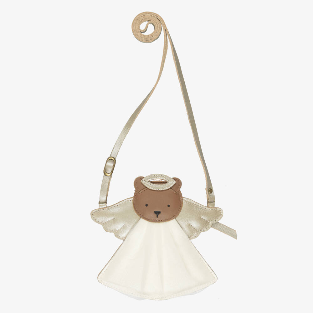 Donsje-Girls Metallic Gold & Ivory Leather Angel Bear Purse (17cm) | Childrensalon
