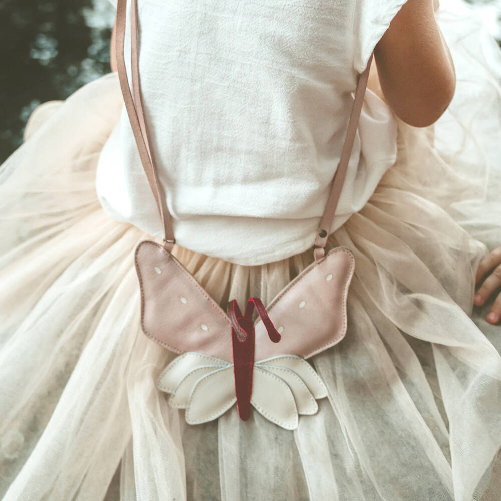 Donsje-Girls Pale Pink Leather Butterfly Purse (17cm) | Childrensalon