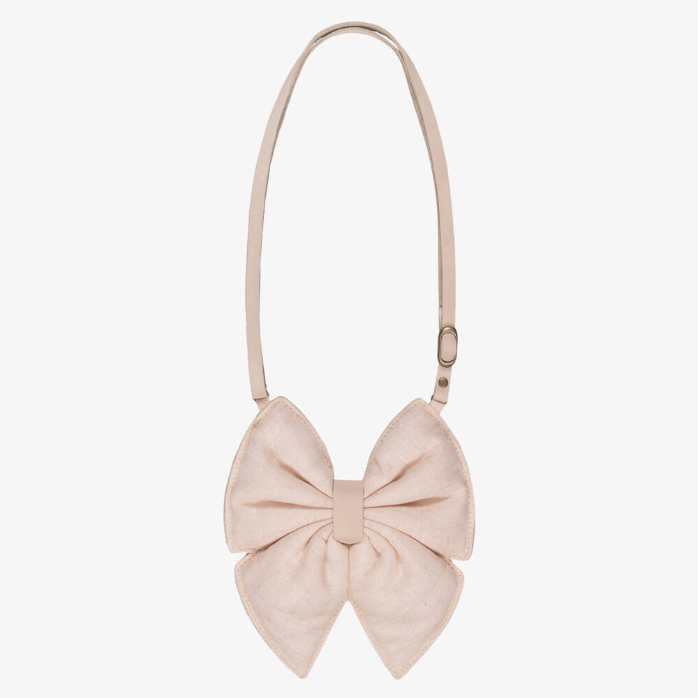 Donsje-Girls Pale Pink Leather & Linen Bow Purse (16cm) | Childrensalon