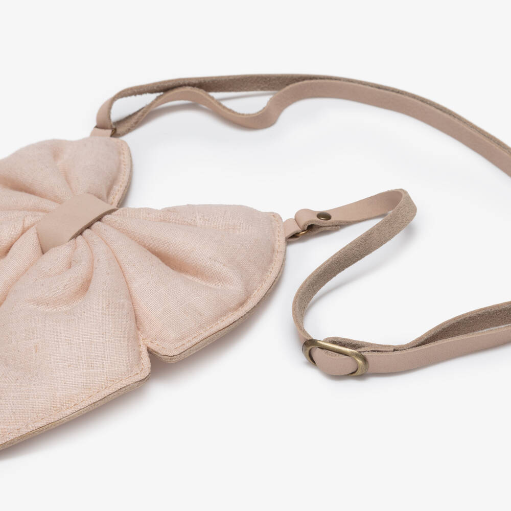 Donsje-Girls Pale Pink Leather & Linen Bow Purse (16cm) | Childrensalon