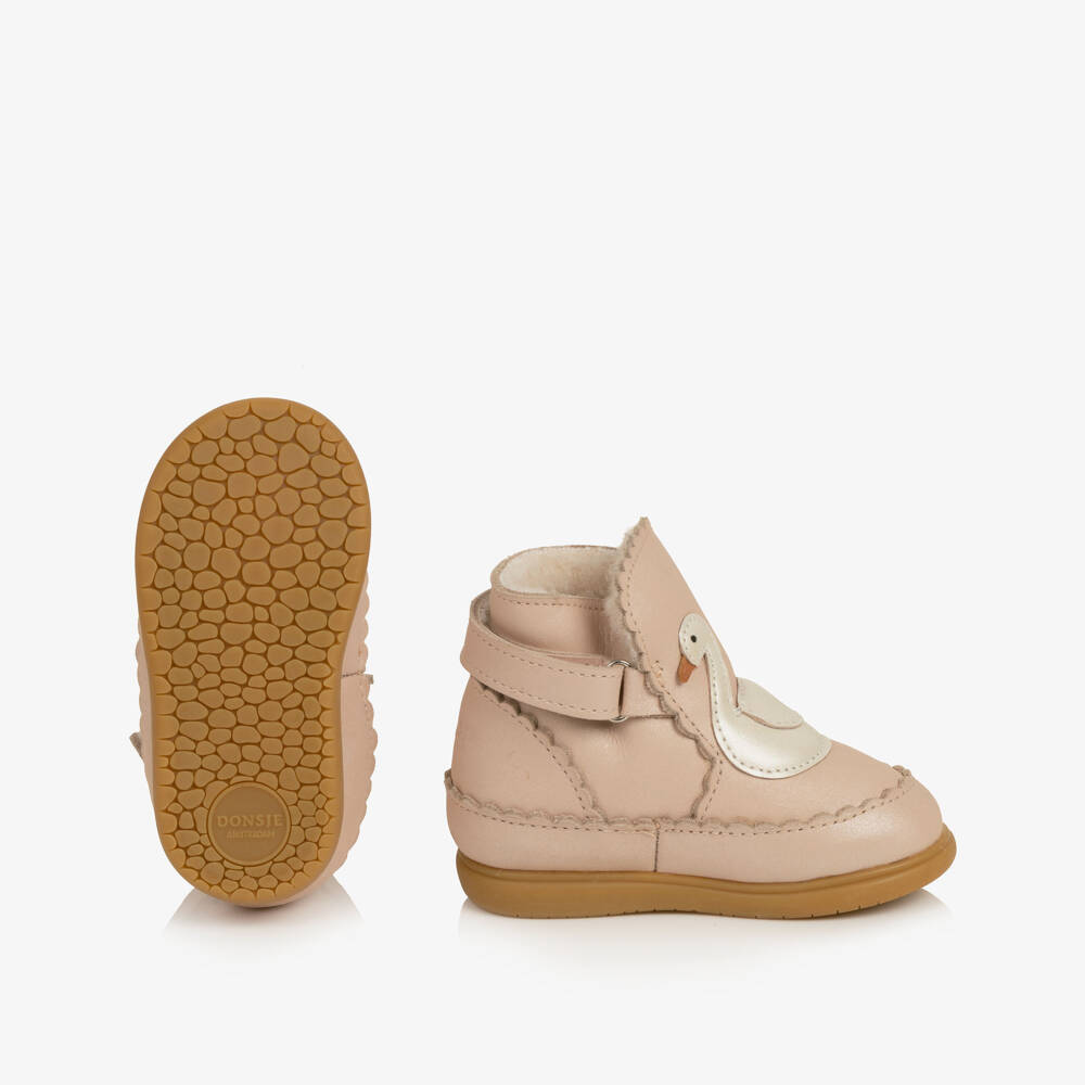 Donsje-Girls Pale Pink Leather Swan First Walker Boots | Childrensalon