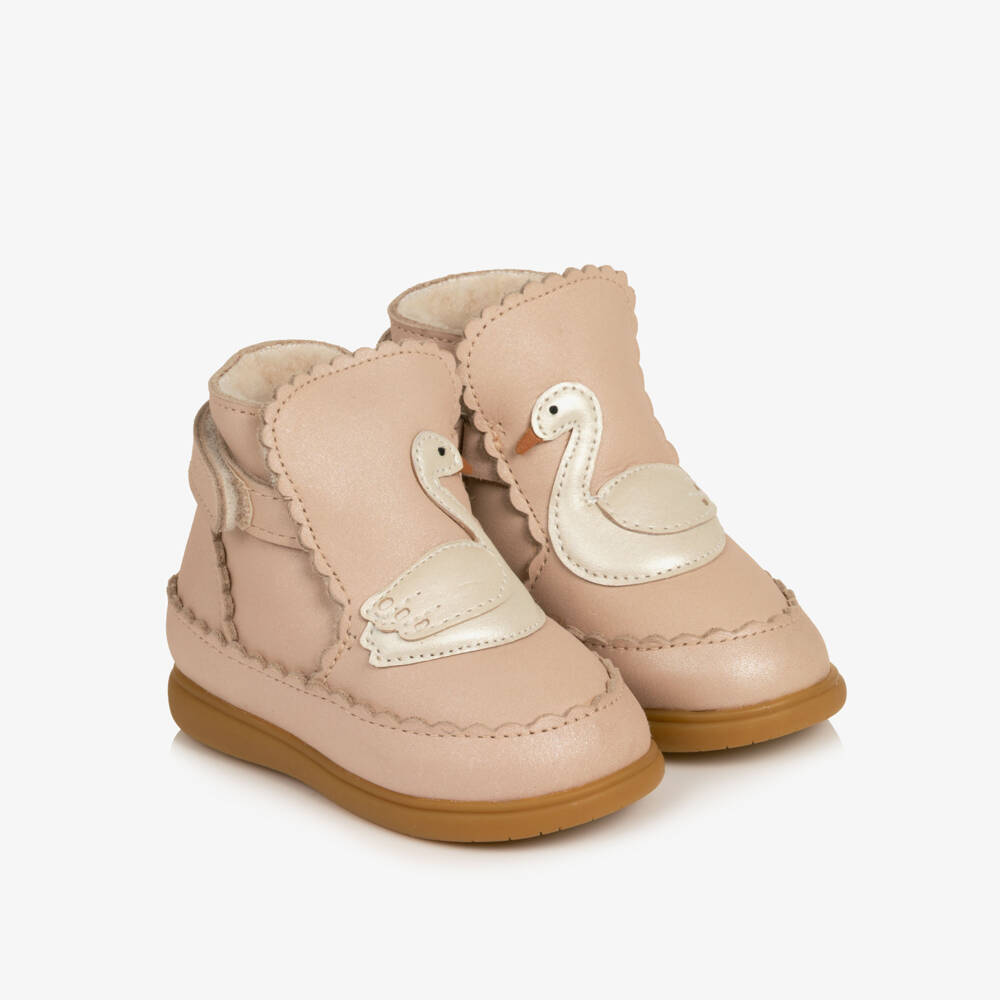 Donsje-Girls Pale Pink Leather Swan First Walker Boots | Childrensalon