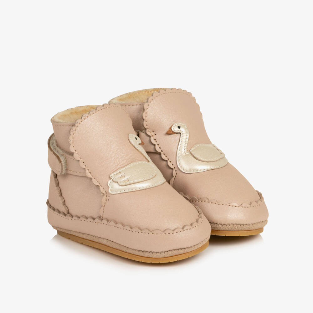 Donsje-Girls Pale Pink Leather Swan Pre-Walker Boots | Childrensalon