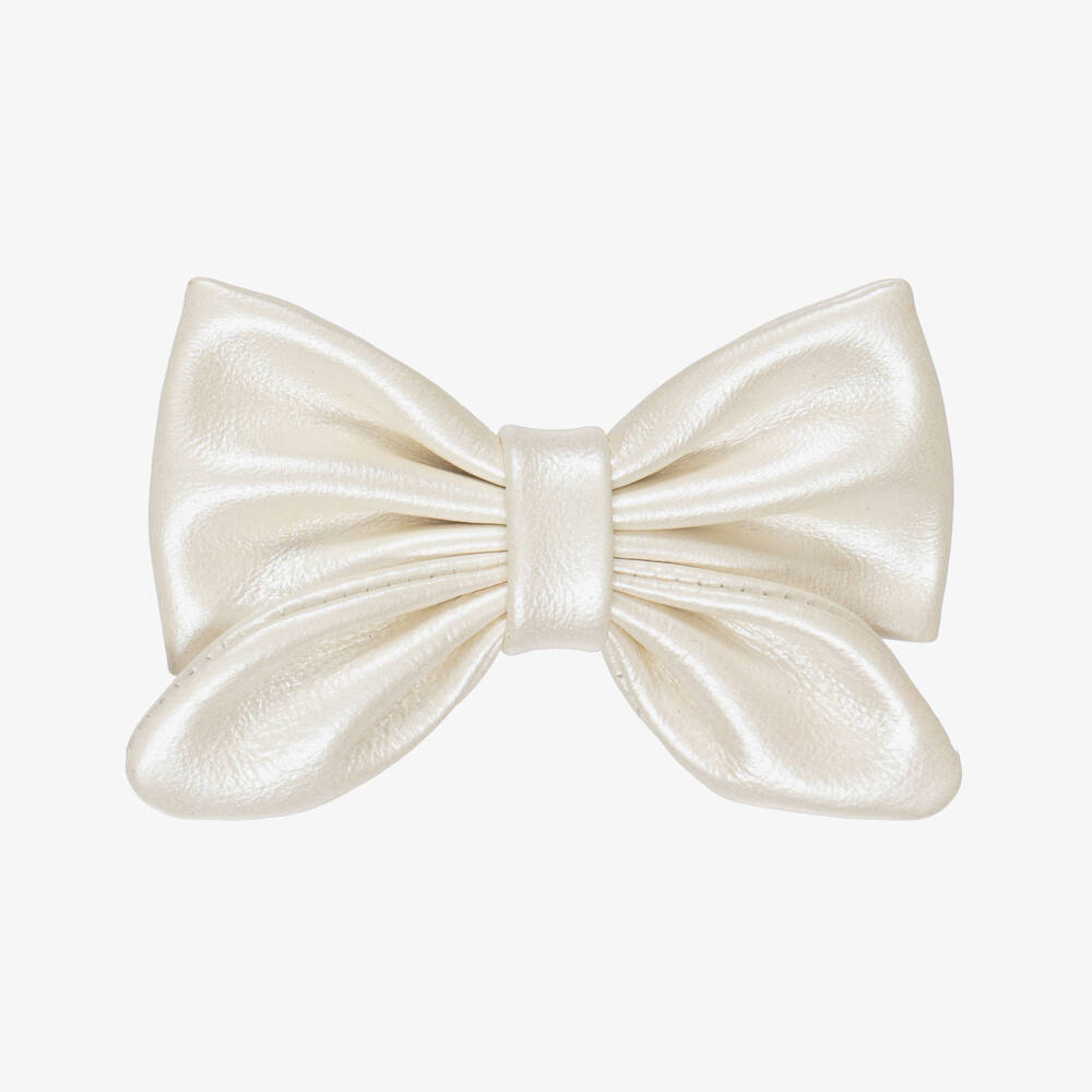 Donsje-Girls Pearlised Ivory Leather Bow Hair Clip (7cm) | Childrensalon