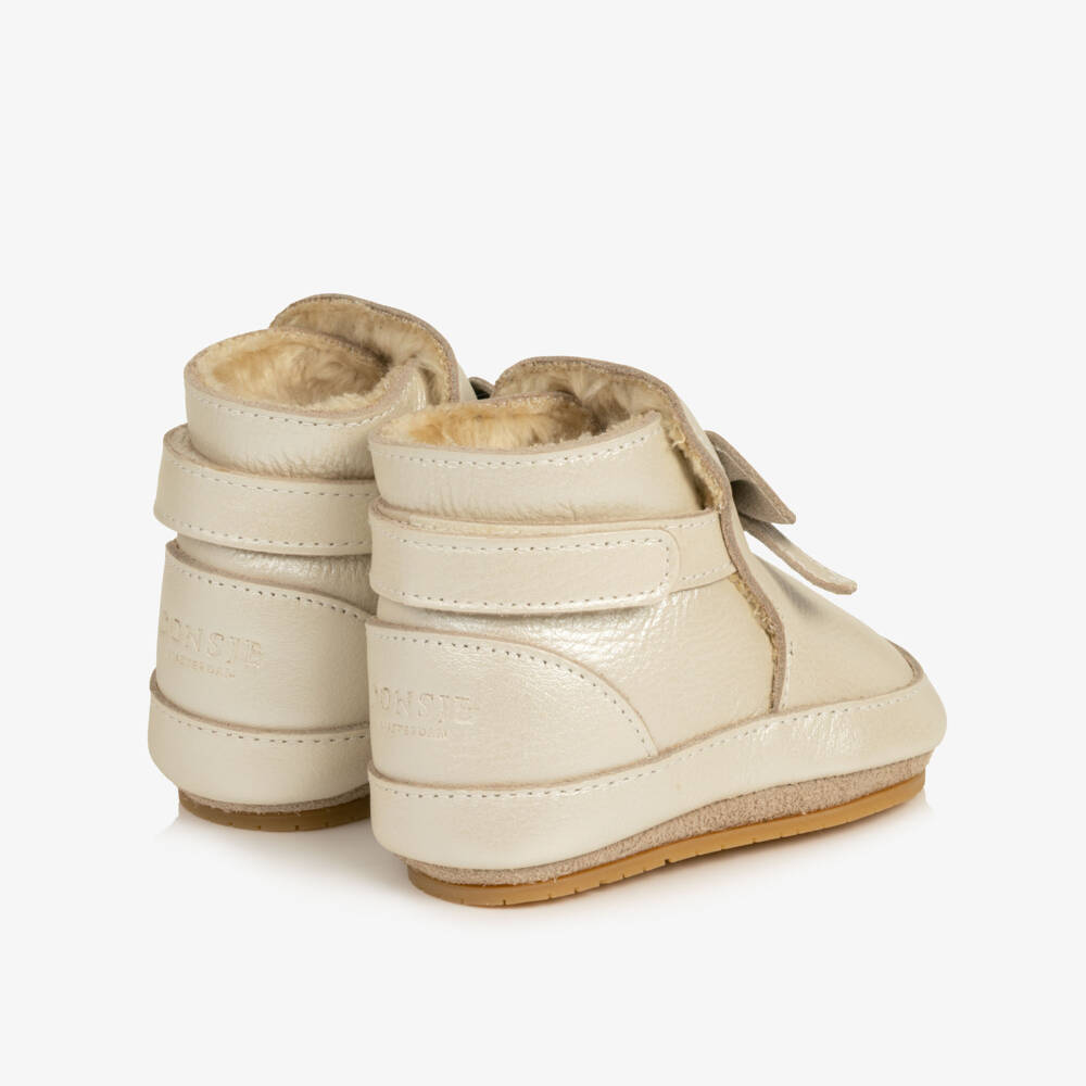 Donsje-Girls Pearlised Ivory Leather Bow Pre-Walker Boots | Childrensalon