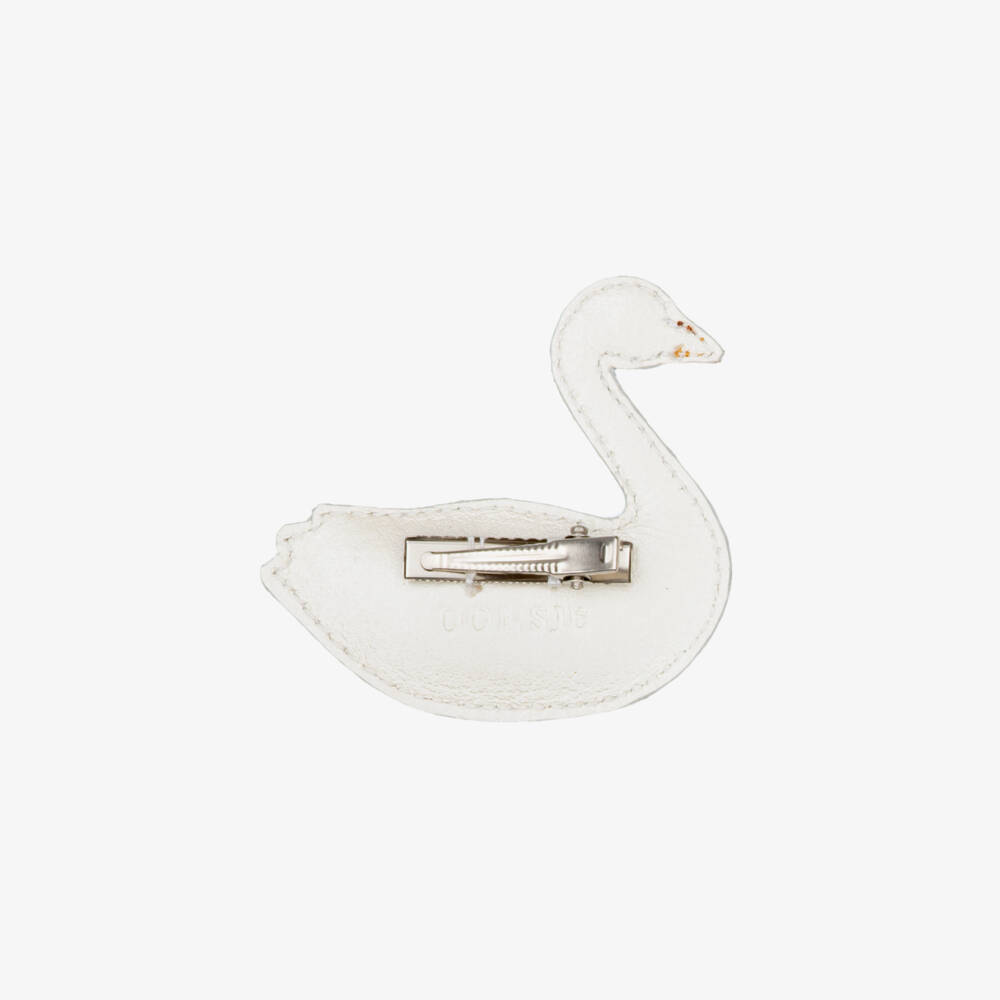 Donsje-Girls Pearlised Ivory Leather Swan Hair Clip (7cm) | Childrensalon
