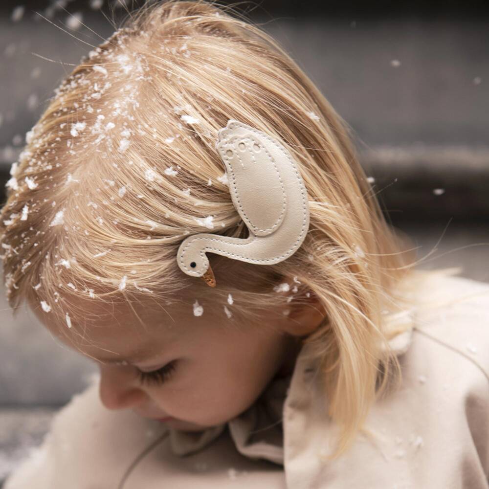 Donsje-Girls Pearlised Ivory Leather Swan Hair Clip (7cm) | Childrensalon
