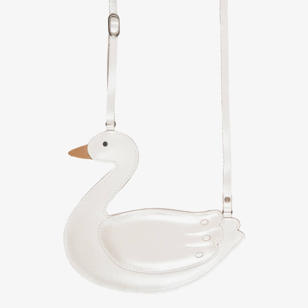 Donsje-Girls Pearlised Ivory Leather Swan Purse (16cm) | Childrensalon