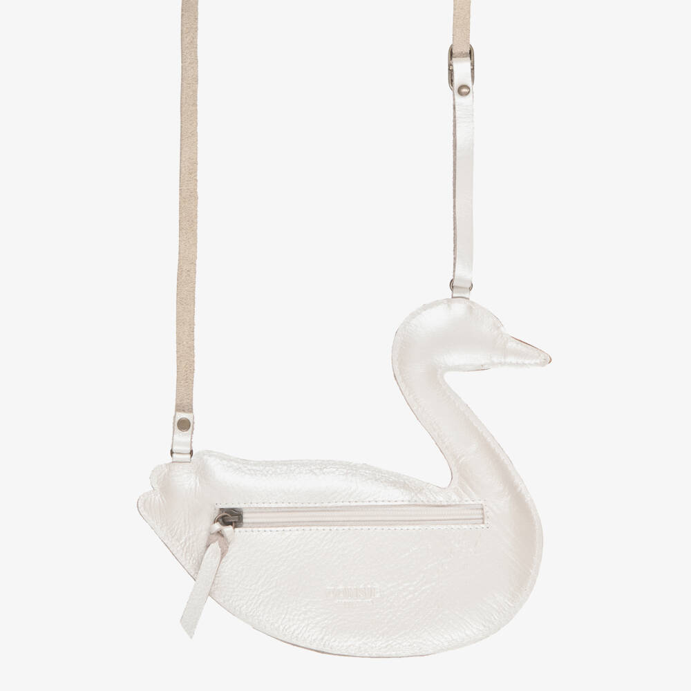 Donsje-Girls Pearlised Ivory Leather Swan Purse (16cm) | Childrensalon