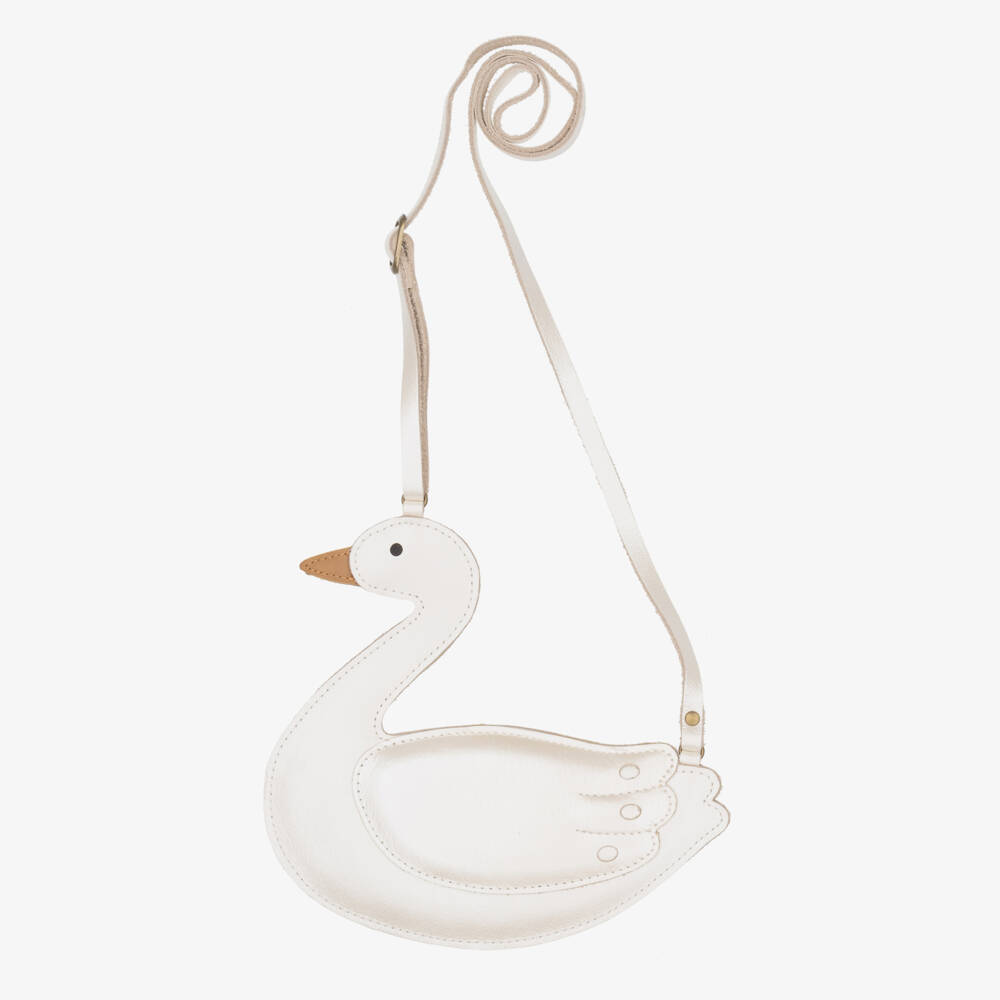 Donsje-Girls Pearlised Ivory Leather Swan Purse (16cm) | Childrensalon