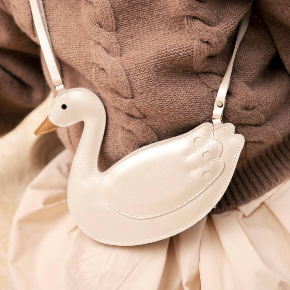 Donsje-Girls Pearlised Ivory Leather Swan Purse (16cm) | Childrensalon