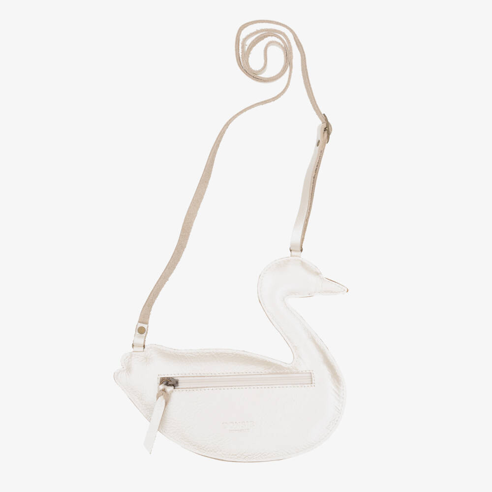 Donsje-Girls Pearlised Ivory Leather Swan Purse (16cm) | Childrensalon