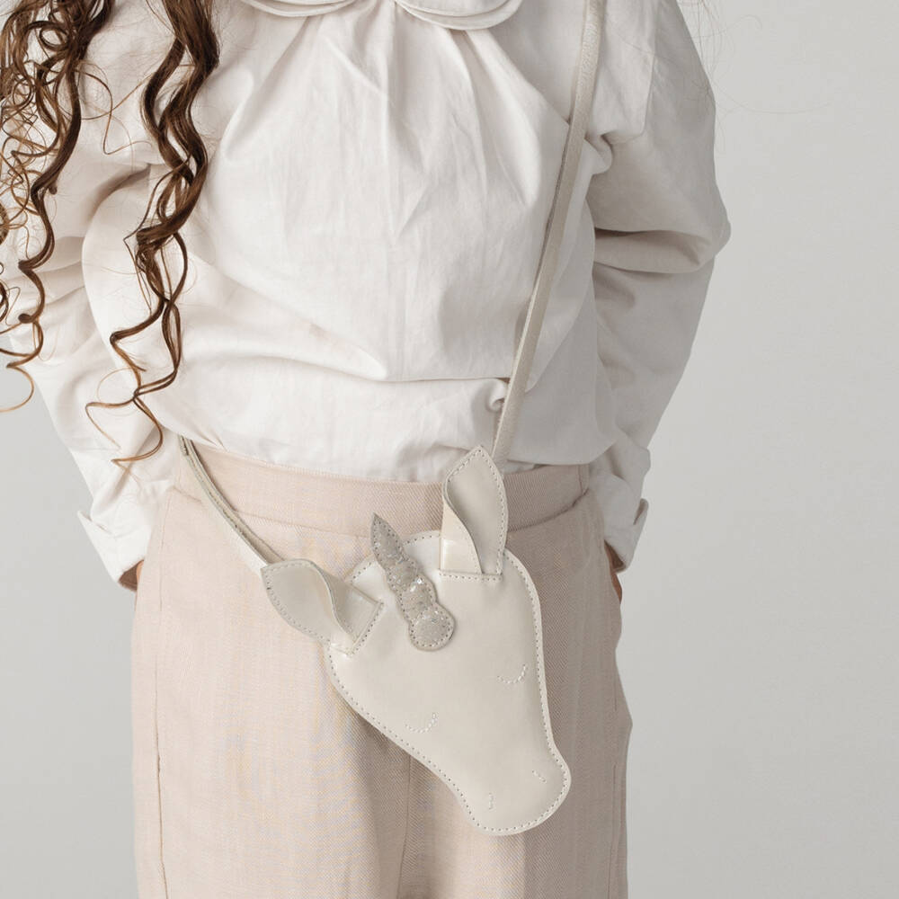 Donsje-Girls Pearlised Ivory Leather Unicorn Purse (15cm) | Childrensalon