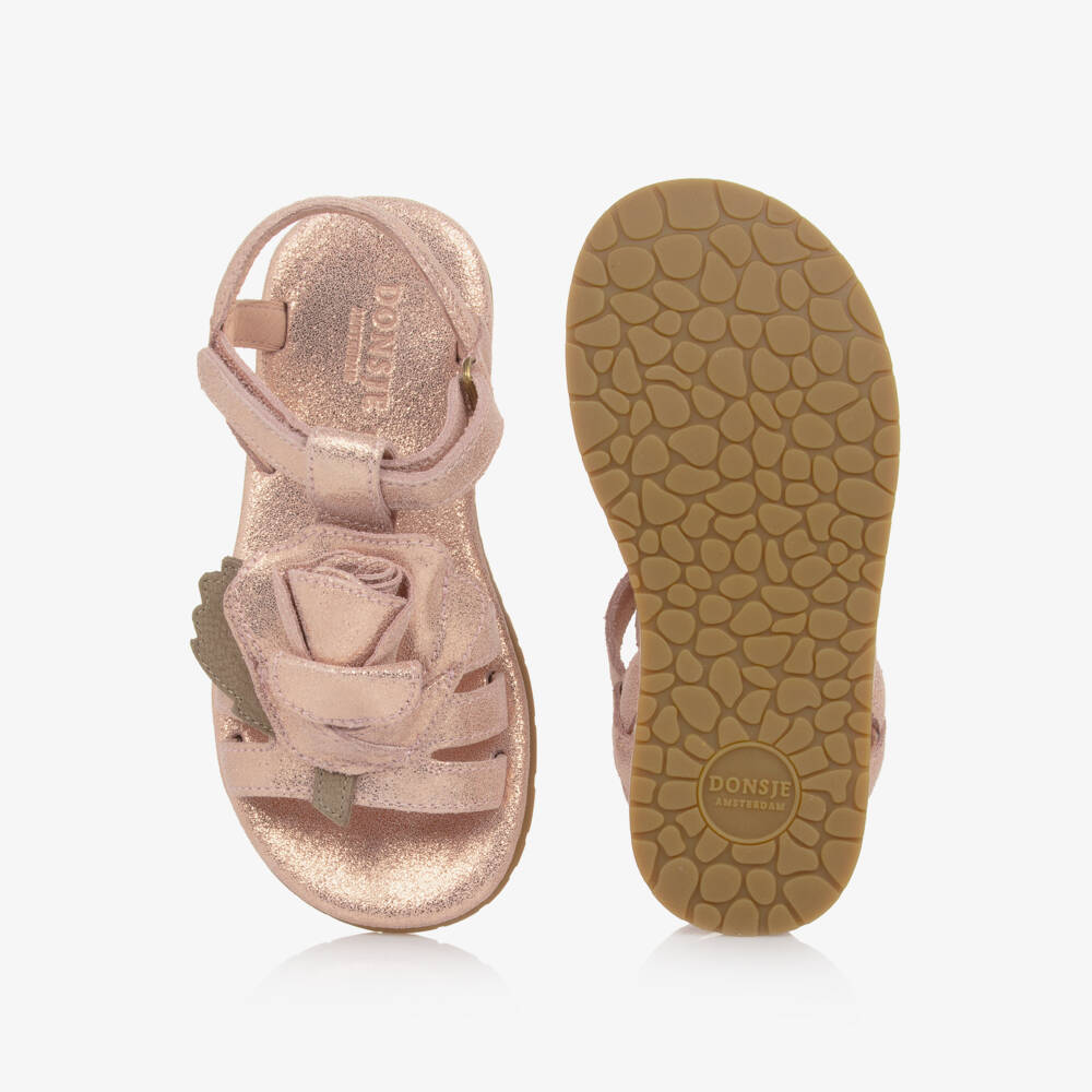Donsje-Girls Pink & Glittery Gold Sandals with Rose Appliqué | Childrensalon