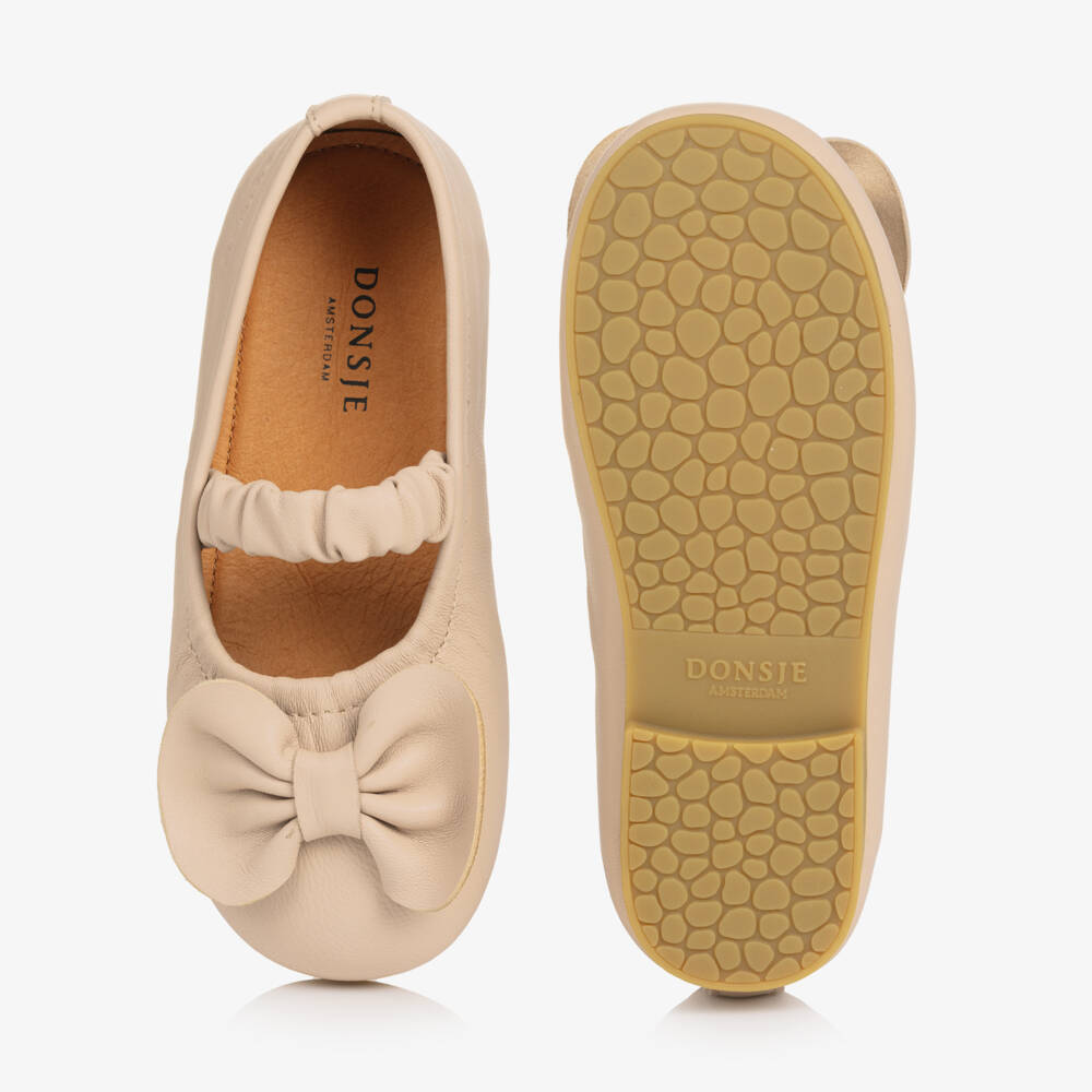 Donsje-Girls Pink Leather Ballerina Shoes with Bow | Childrensalon