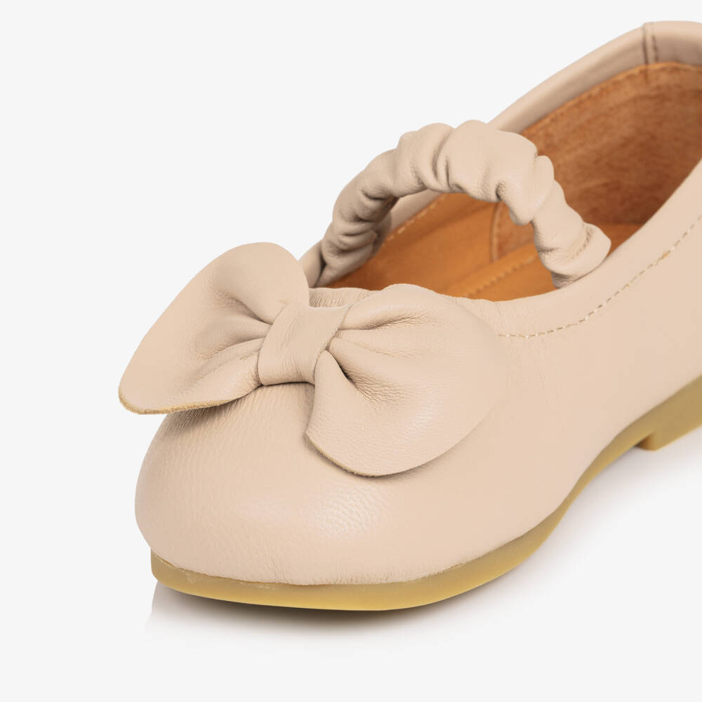 Donsje-Girls Pink Leather Ballerina Shoes with Bow | Childrensalon