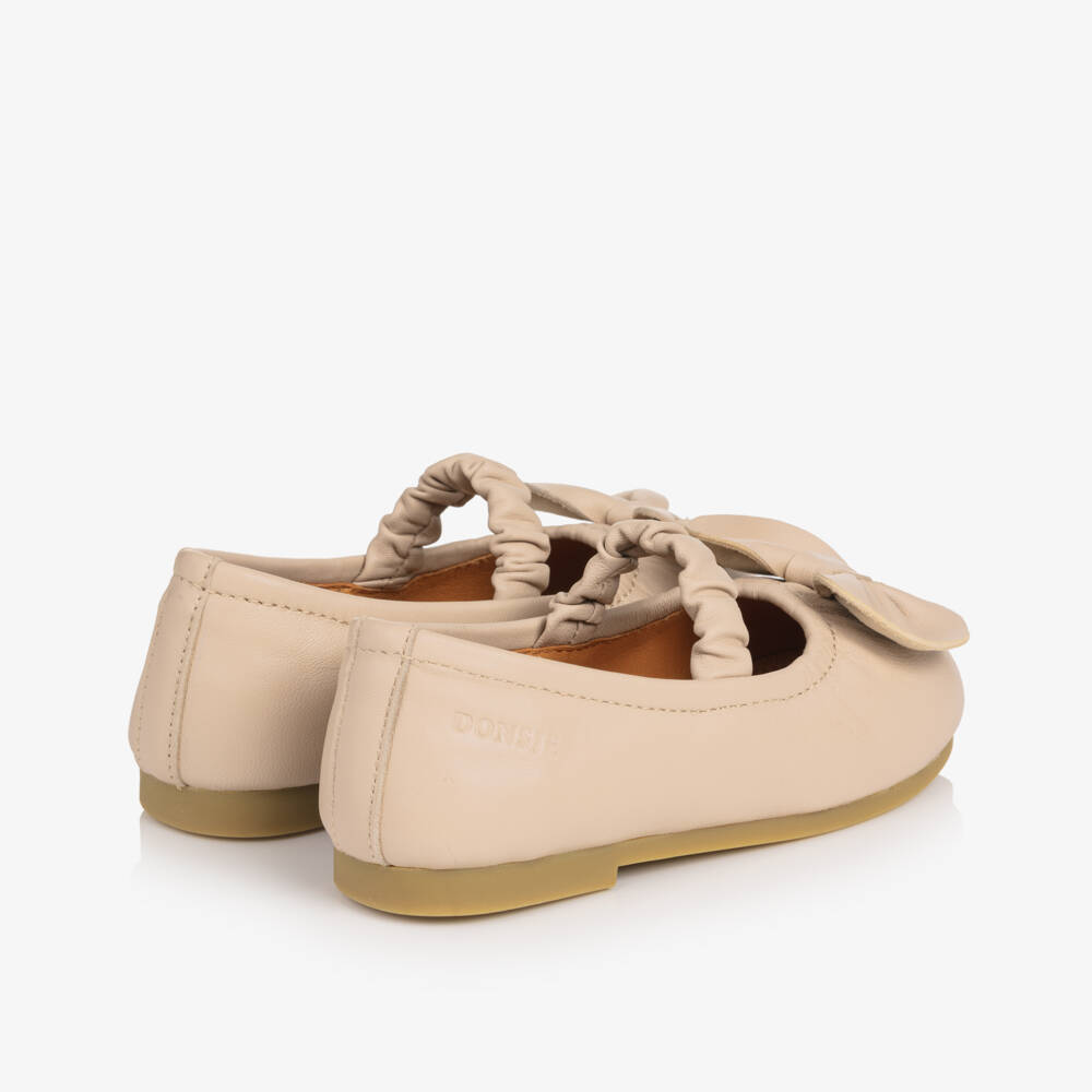 Donsje-Girls Pink Leather Ballerina Shoes with Bow | Childrensalon