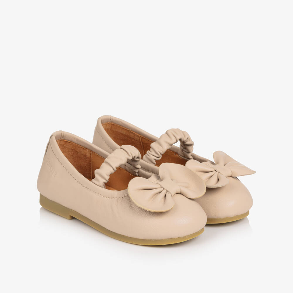 Donsje-Girls Pink Leather Ballerina Shoes with Bow | Childrensalon