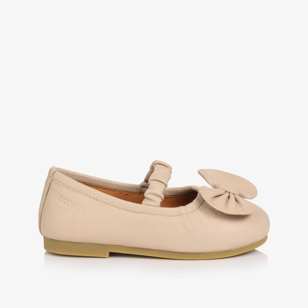 Donsje-Girls Pink Leather Ballerina Shoes with Bow | Childrensalon