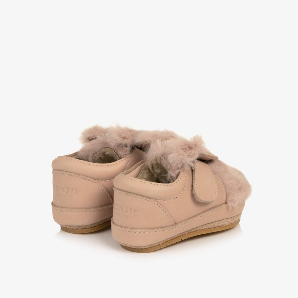Donsje-Girls Pink Leather Fluffy Bunny Pre-Walkers | Childrensalon