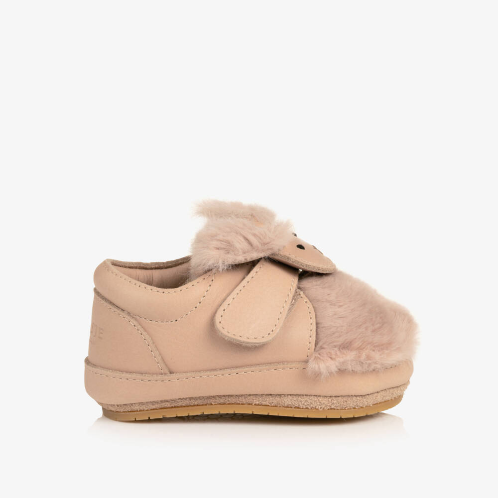 Donsje-Girls Pink Leather Fluffy Bunny Pre-Walkers | Childrensalon