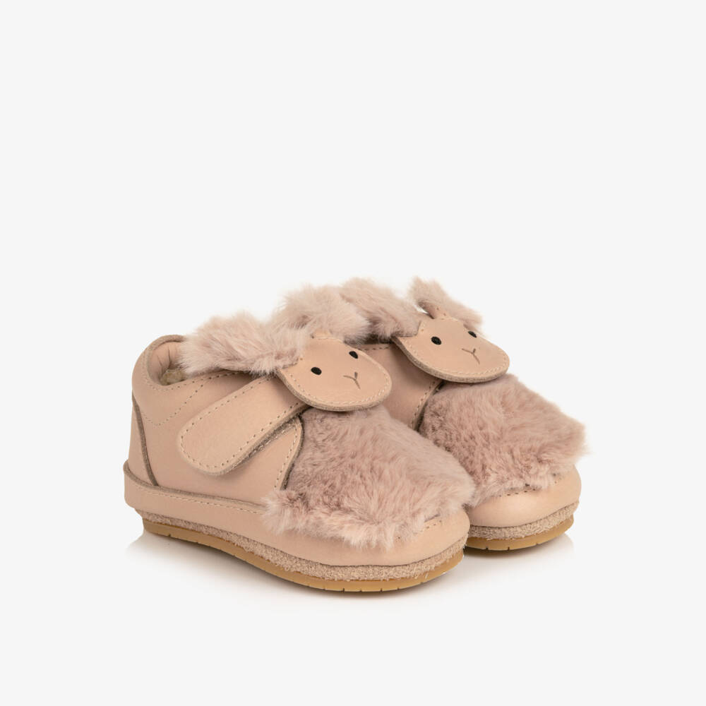 Donsje-Girls Pink Leather Fluffy Bunny Pre-Walkers  | Childrensalon