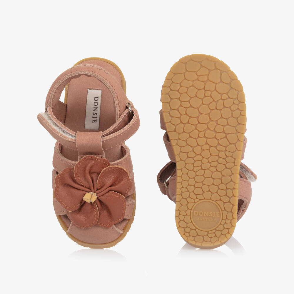 Donsje-Girls Pink Leather Hibiscus First Walker Sandals | Childrensalon