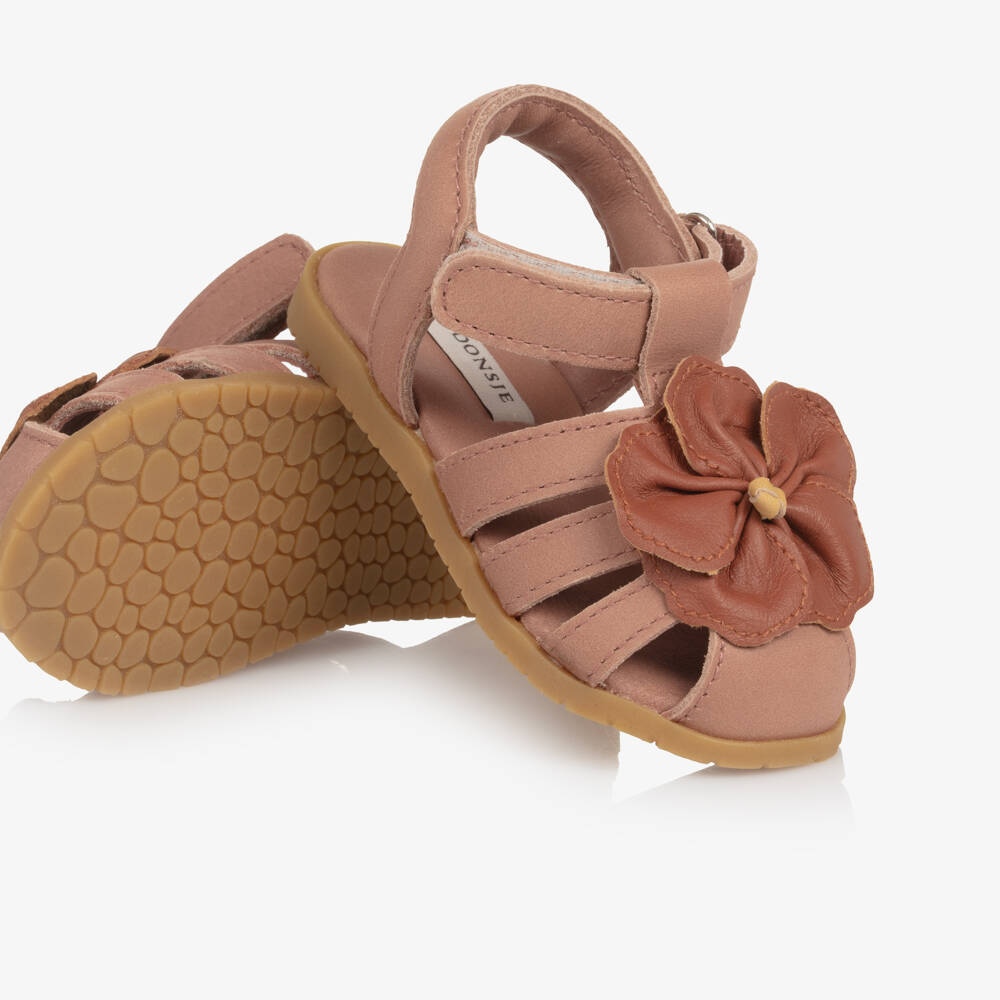 Donsje-Girls Pink Leather Hibiscus First Walker Sandals | Childrensalon
