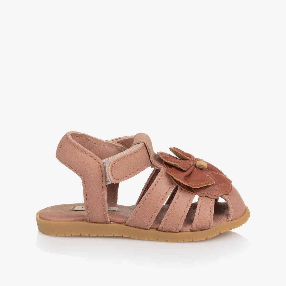 Donsje-Girls Pink Leather Hibiscus First Walker Sandals | Childrensalon