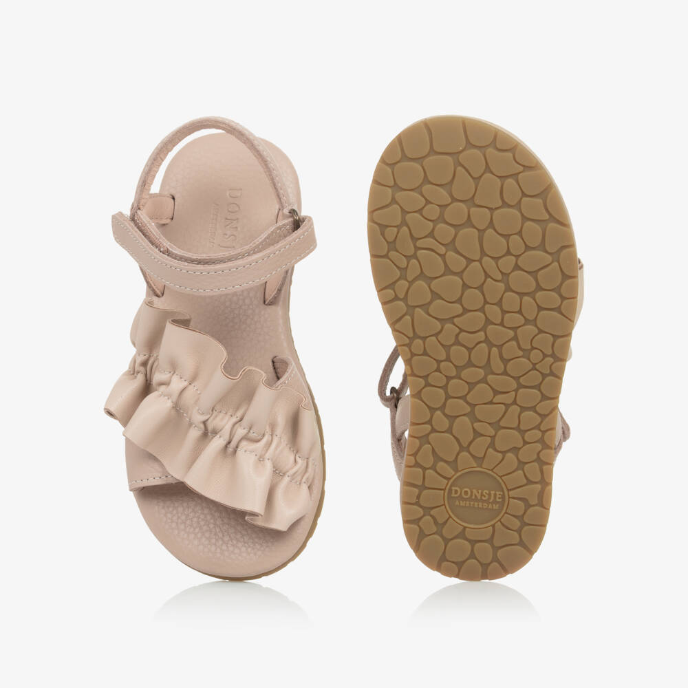 Donsje-Girls Pink Leather Ruffle Sandals | Childrensalon