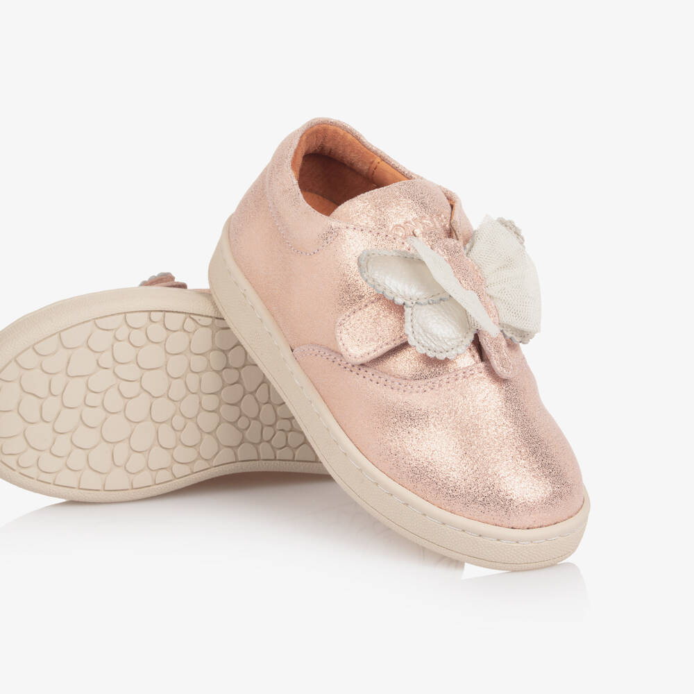 Donsje-Girls Pink Metallic Leather Butterfly Trainers | Childrensalon