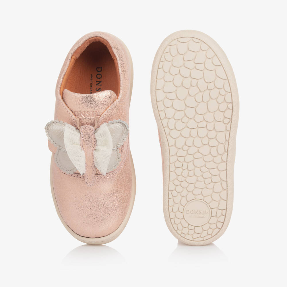 Donsje-Girls Pink Metallic Leather Butterfly Trainers | Childrensalon