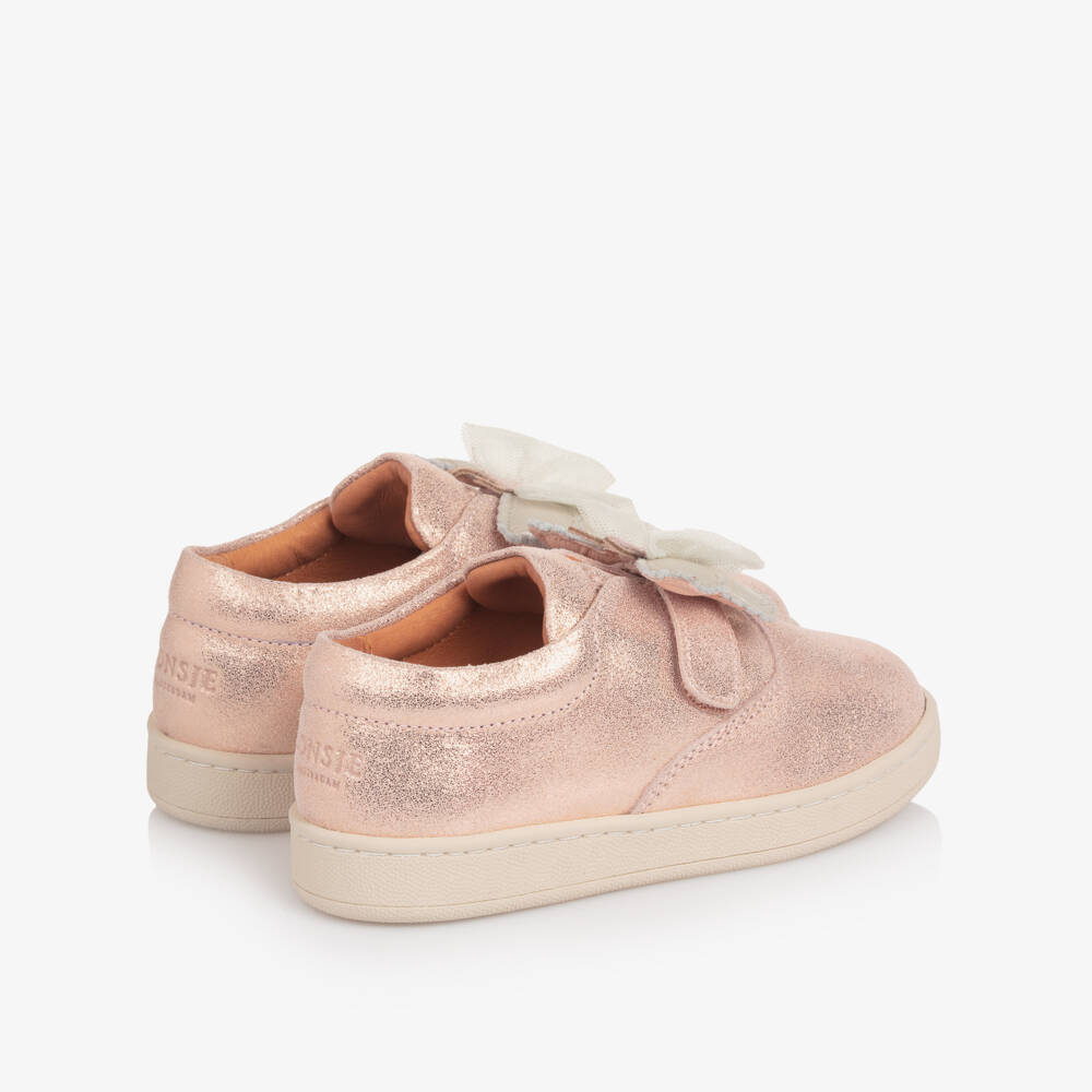 Donsje-Girls Pink Metallic Leather Butterfly Trainers | Childrensalon