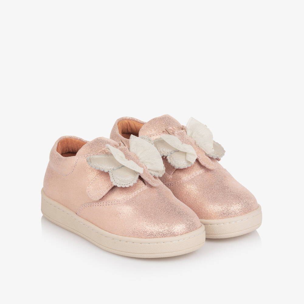 Donsje-Girls Pink Metallic Leather Butterfly Trainers | Childrensalon
