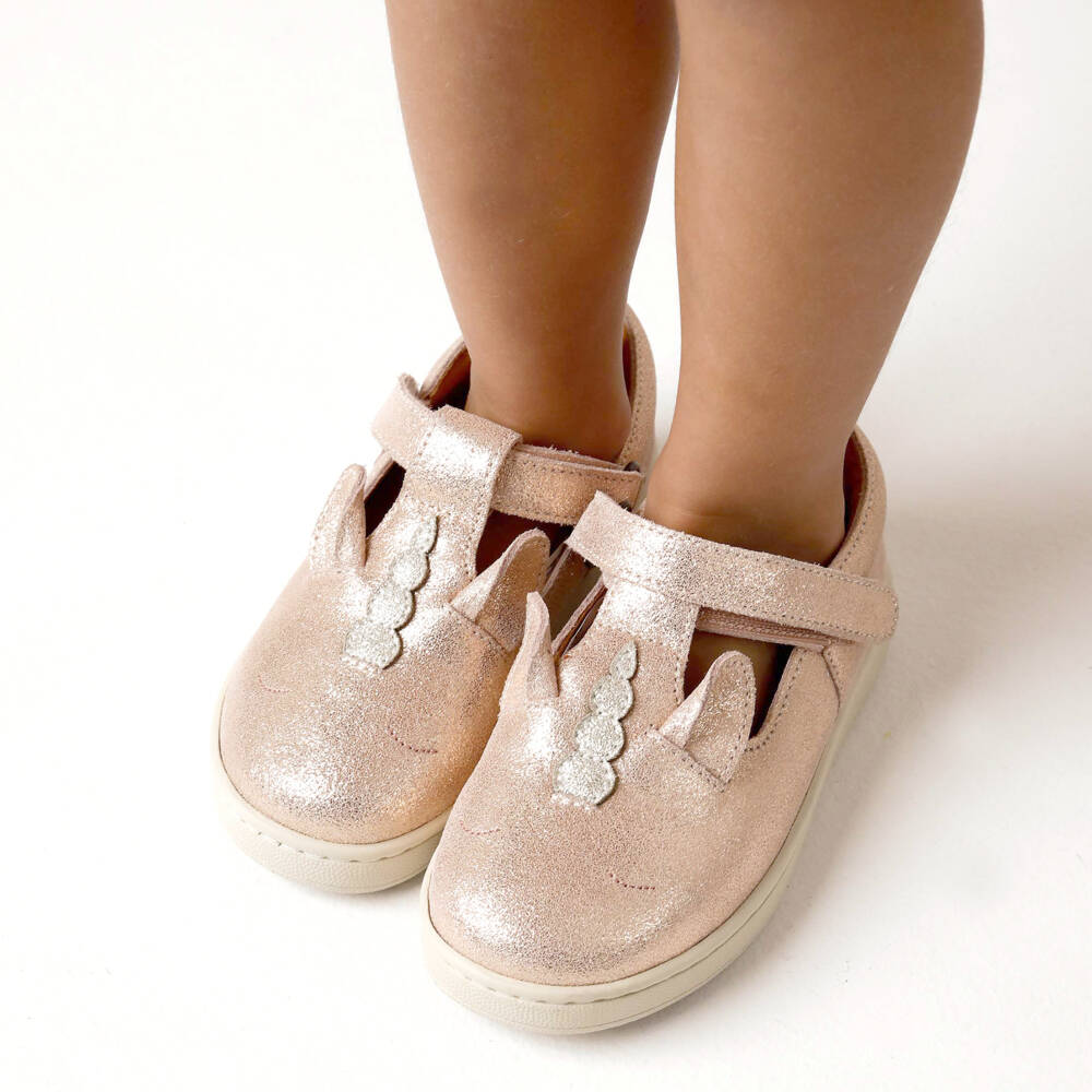 Donsje-Кроссовки розовые из кожи металлик с единорогом для девочек | Childrensalon