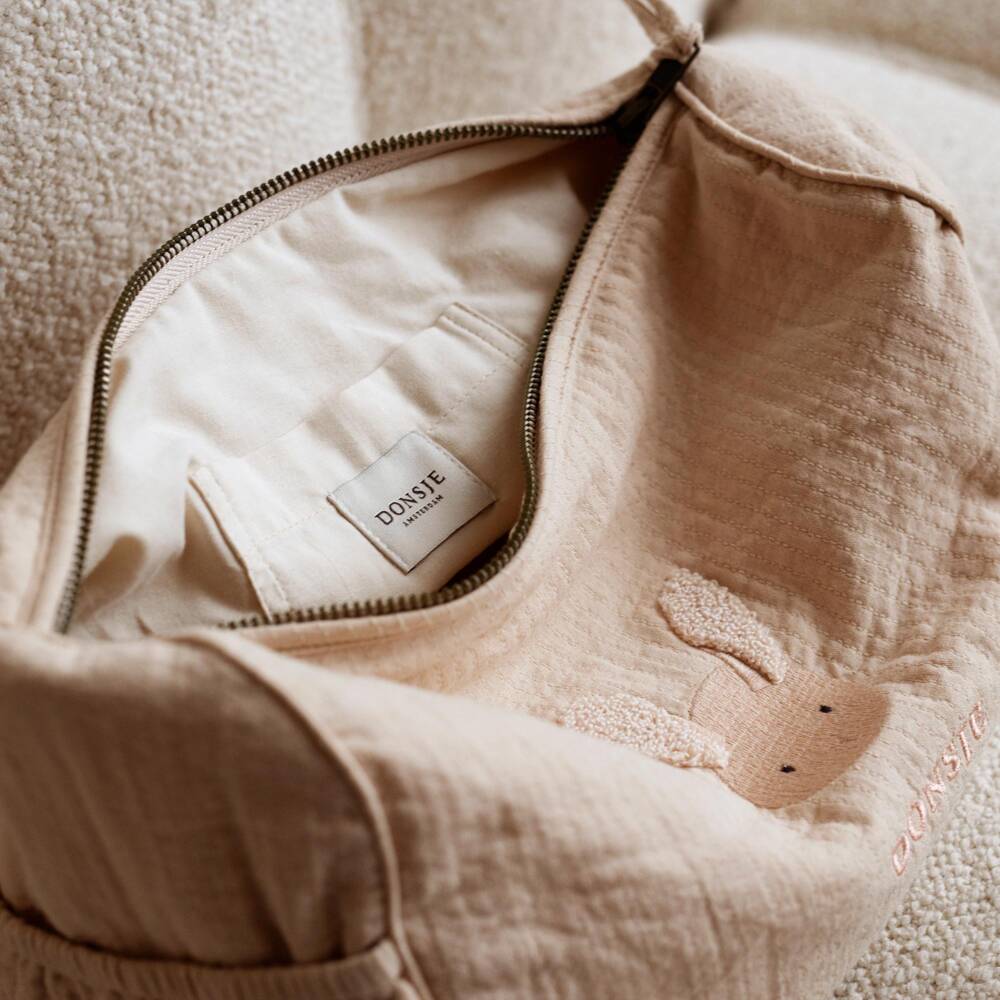 Donsje-Girls Pink Organic Cotton Washbag with Rabbit Motif (28cm) | Childrensalon