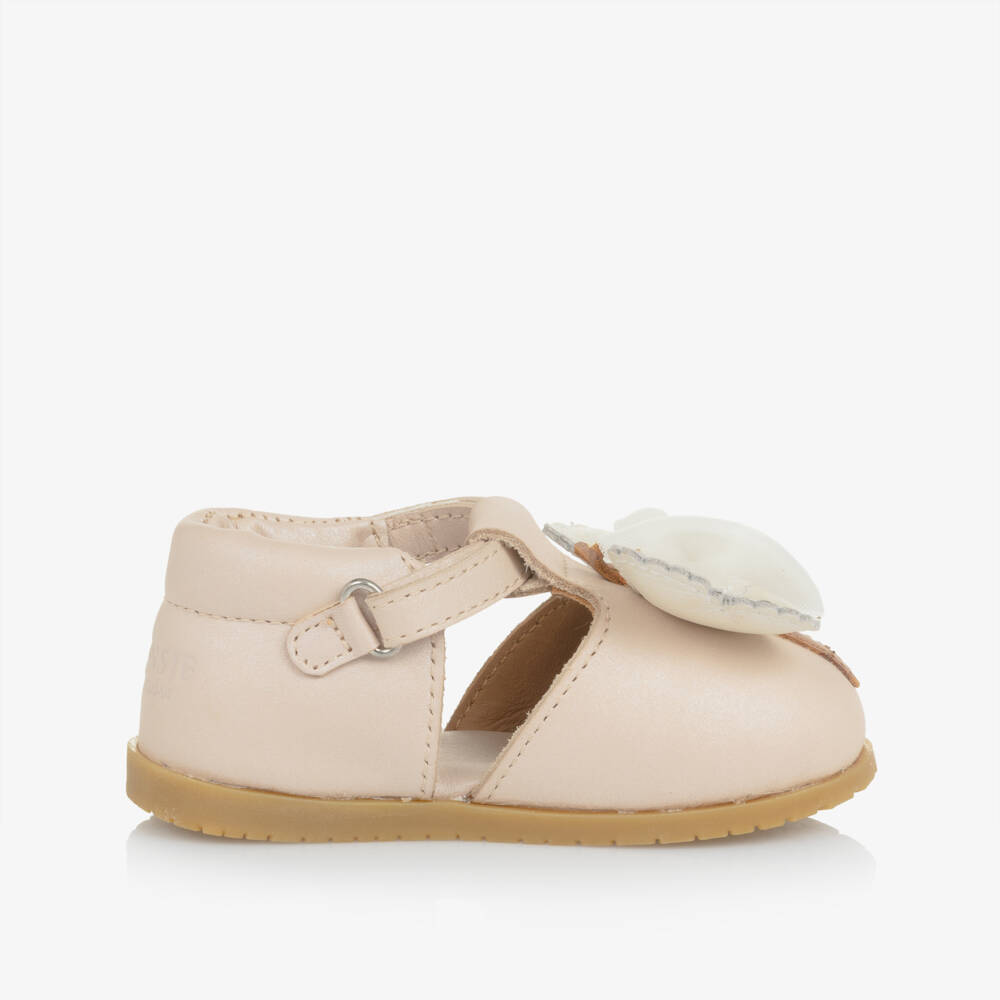 Donsje-Girls Powder Pink Leather Butterfly First Walker Shoes | Childrensalon