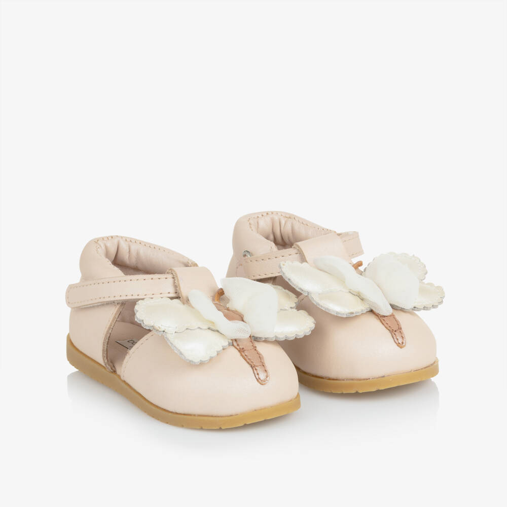 Donsje-Girls Powder Pink Leather Butterfly First Walker Shoes | Childrensalon