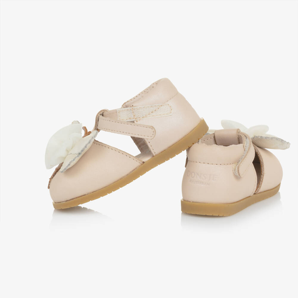 Donsje-Girls Powder Pink Leather Butterfly First Walker Shoes | Childrensalon