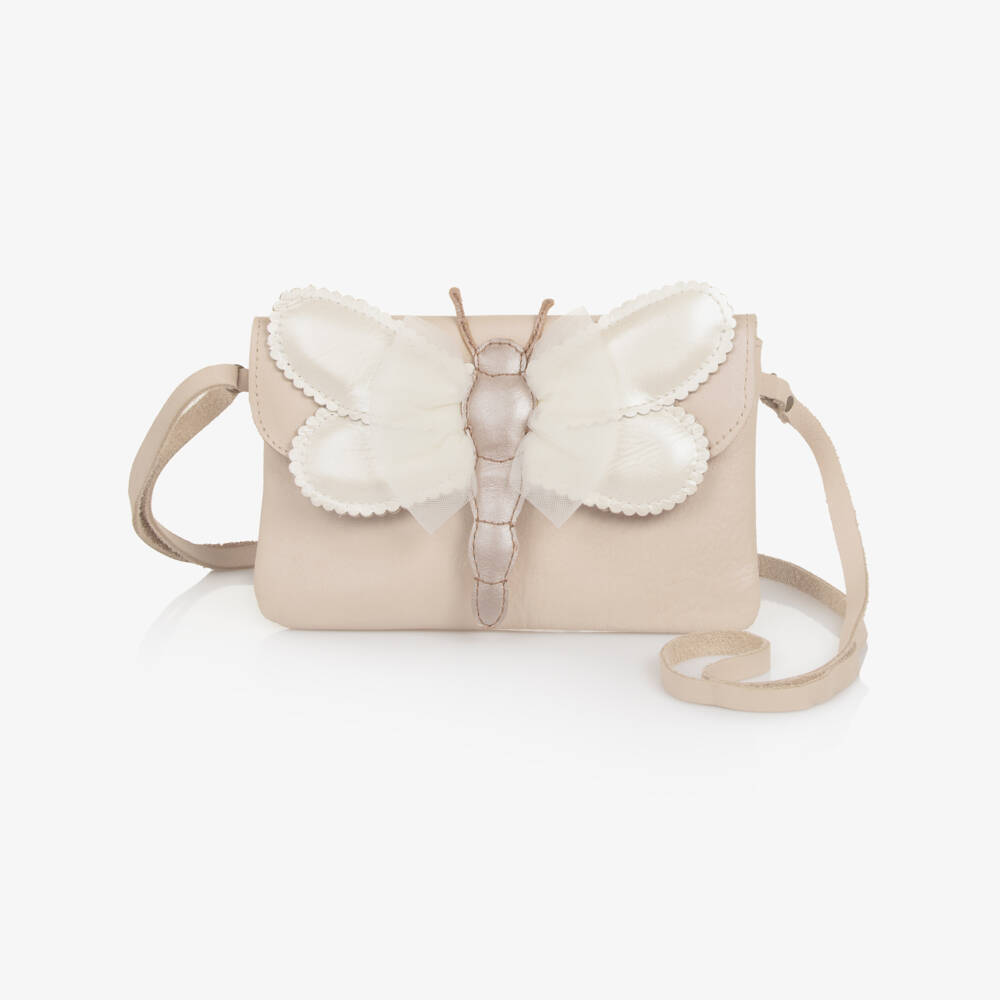 Donsje-Girls Powder Pink Leather Butterfly Shoulder Bag (18cm) | Childrensalon