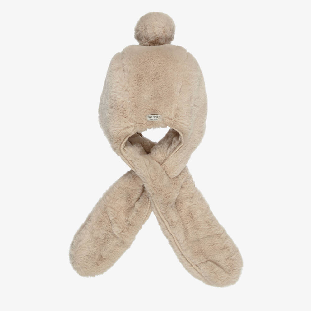 Donsje-Girls Sand Beige Faux Fur 2-in-1 Hat | Childrensalon