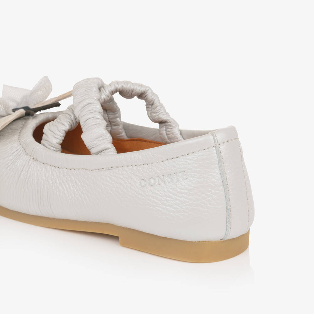 Donsje-Girls Silver Grey Leather Ballerinas with Butterflies | Childrensalon