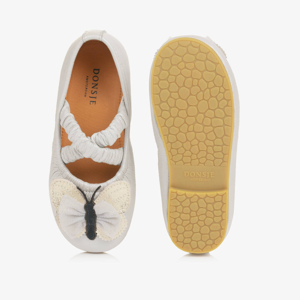 Donsje-Girls Silver Grey Leather Ballerinas with Butterflies | Childrensalon
