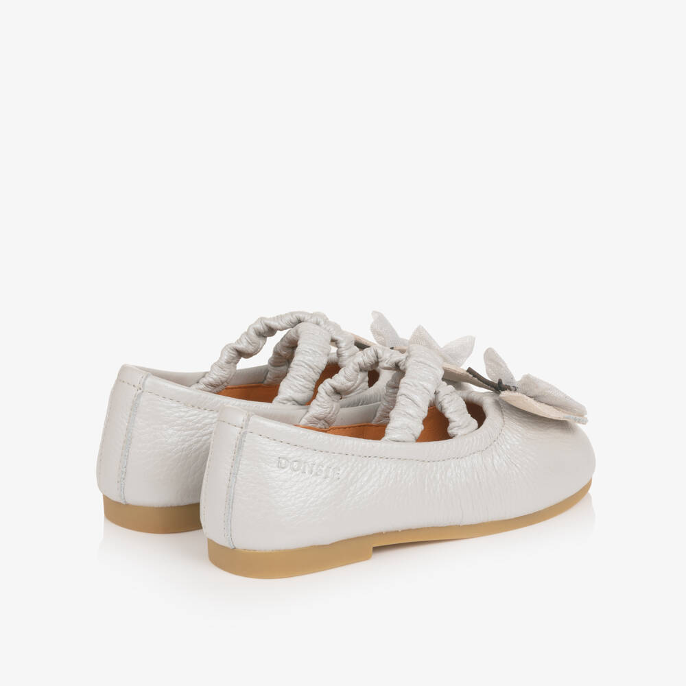 Donsje-Girls Silver Grey Leather Ballerinas with Butterflies | Childrensalon