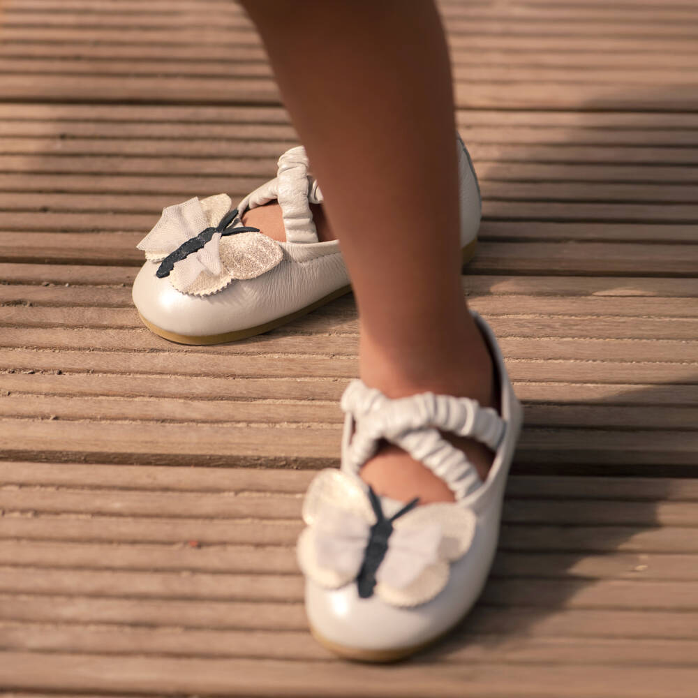 Donsje-Girls Silver Grey Leather Ballerinas with Butterflies | Childrensalon