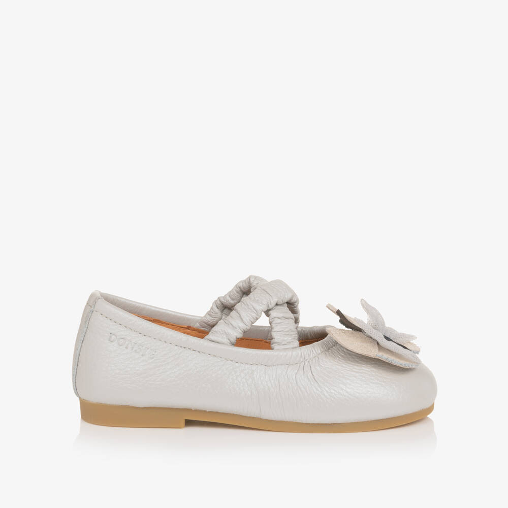 Donsje-Girls Silver Grey Leather Ballerinas with Butterflies | Childrensalon