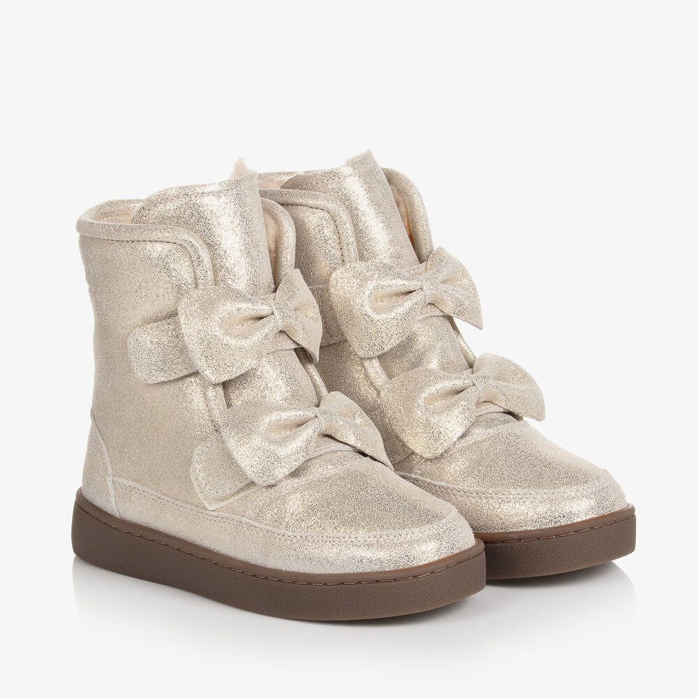 Donsje-Girls Silver Leather Bow Boots | Childrensalon