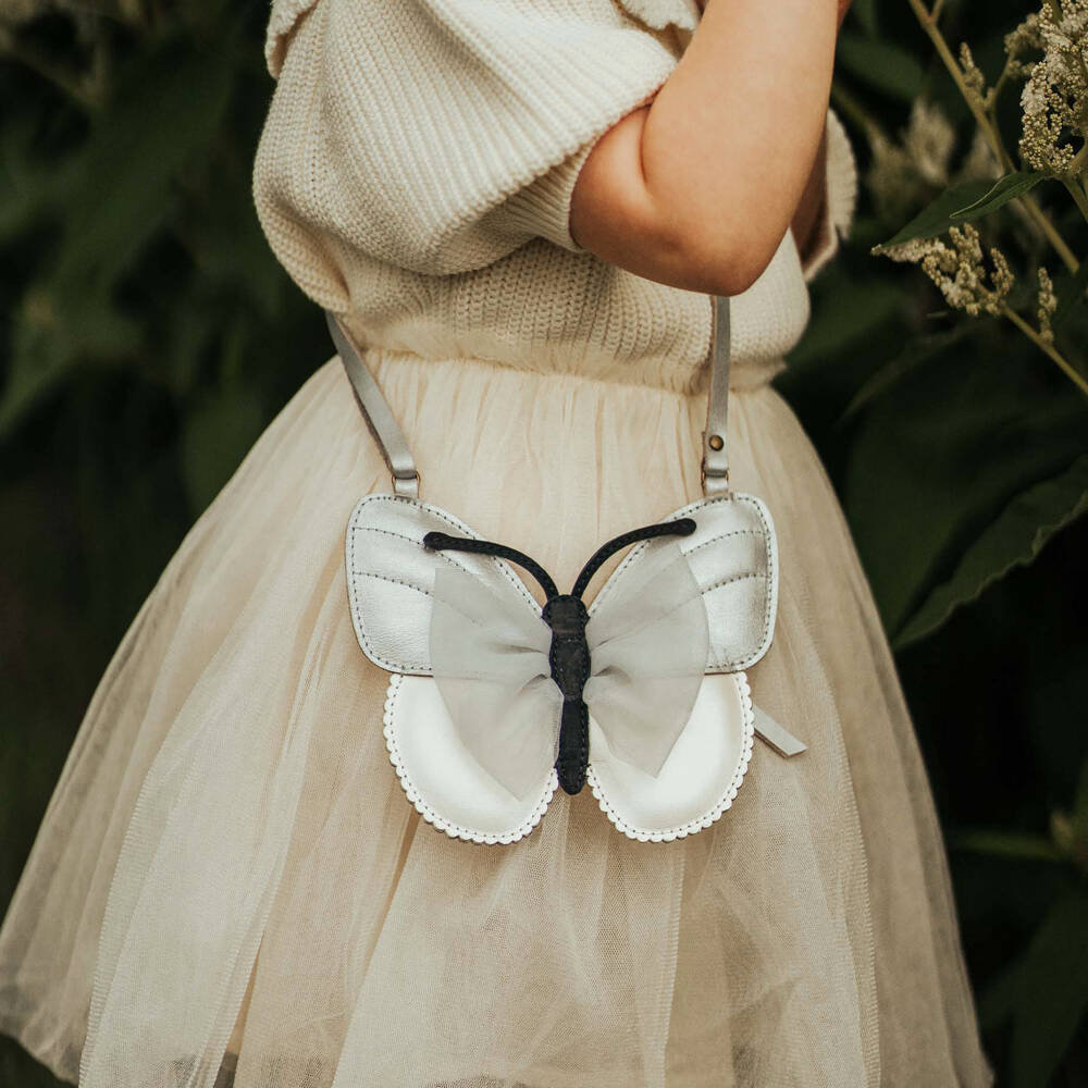 Donsje-Girls Silver Leather Butterfly Purse (13cm) | Childrensalon