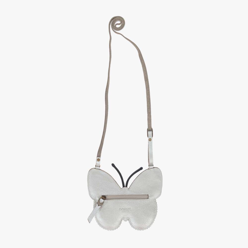 Donsje-Girls Silver Leather Butterfly Purse (13cm) | Childrensalon