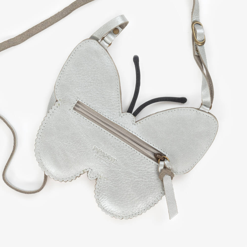 Donsje-Girls Silver Leather Butterfly Purse (13cm) | Childrensalon